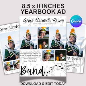 Puede incluir: Un anuncio de anuario para Grace Elizabeth Brown, líder de la sección de clarinetes. El anuncio presenta un collage de fotos de ella con su uniforme de banda de marcha, tocando el clarinete. El anuncio también incluye el texto "We are so proud of you! May God continue to bless you and guide you on your life journey. Remember the past, live in the present and look forward to the future. Love, Mom & Dad" y "Band".