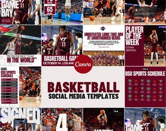 Maroon & Black Sports Social Media Canva Templates | 14 Square Posts | Basketball Team Game Day Graphics for Instagram