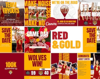 Red & Gold Social Media Canva Templates | 23 Square Posts | Sports Team Game Day Graphics for Instagram