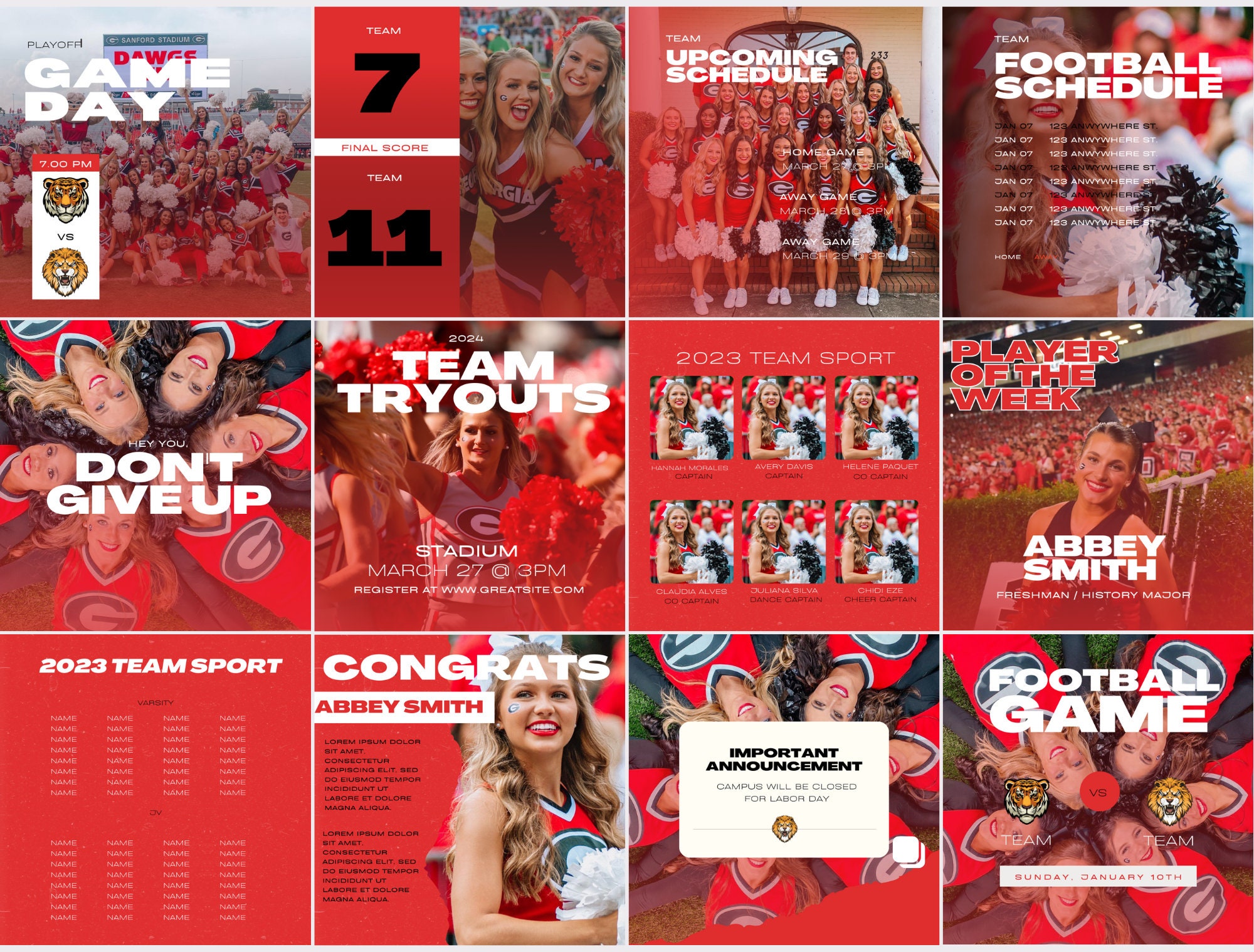 Red, Black & White Sports Team Instagram Kit Social Media Posts Canva