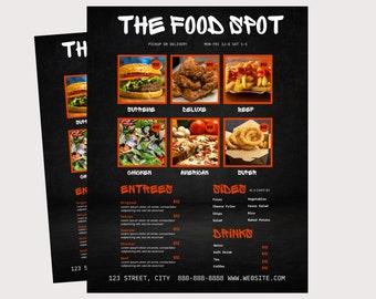 May include: A black and orange menu board with the text "The Food Spot" at the top. The menu lists various food items with prices, including "Supreme", "Deluxe", "Beef", "Chicken", "American", and "Outer". The menu also includes a section for "Entrees", "Sides", and "Drinks".