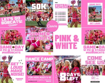 Pink & White Social Media Canva Templates | 20 Square Posts | Sports Team Game Day Graphics for Instagram | Valentine's Day, Breast Cancer