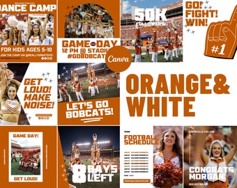 Orange & White Social Media Canva Templates | 20 Square Posts | Sports Team Game Day Graphics for Instagram