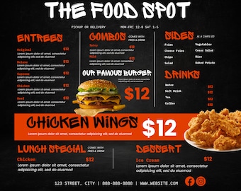 Puede incluir: Un menú en una pizarra negra con el título "The Food Spot" en texto blanco. El menú enumera varios artículos de comida, incluyendo entradas, combos, acompañamientos, bebidas y postres. Los precios se enumeran en dólares. El menú también presenta una foto de una hamburguesa y un plato de alitas de pollo.