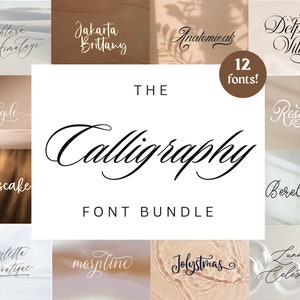 May include: A collage of 12 different calligraphy fonts, each displayed in a unique style. The fonts are presented on a variety of backgrounds, including sand, water, and a brown surface. The text "THE Calligraphy FONT BUNDLE" is displayed in the centre of the image.