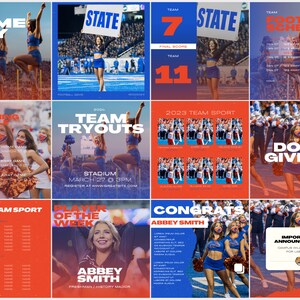 Puede incluir: Un collage de nueve im&aacute;genes que promocionan un equipo deportivo. Las im&aacute;genes muestran animadoras, un calendario de f&uacute;tbol, un anuncio de prueba de equipo y un premio al jugador de la semana. Los colores del equipo son azul y naranja.