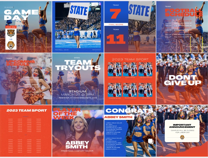 Puede incluir: Un collage de nueve im&aacute;genes que promocionan un equipo deportivo. Las im&aacute;genes muestran animadoras, un calendario de f&uacute;tbol, un anuncio de prueba de equipo y un premio al jugador de la semana. Los colores del equipo son azul y naranja.