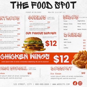 Plantilla de menú de Canva / Menú de restaurante para redes sociales / Menú imprimible y editable / Food Truck, Pequeña empresa, Chef privado, Cocinero, Catering