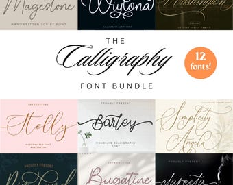 May include: A digital font bundle display featuring the text THE Calligraphy FONT BUNDLE and an orange circle with the text 12 fonts!. The grid showcases various script typefaces including Magestone, Wiylona, Washington, Helly, Bartley, Simplicity Angela, Rimeland, Bugatine, and claresta.