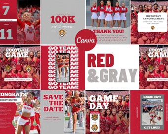 Red & Gray Social Media Canva Templates | 27 Square Posts | Sports Team Game Day Graphics for Instagram