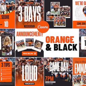 Publications orange et noir Athletic Sports sur Instagram | Modèle Instagram Canva pour le sport | Équipe collégiale et secondaire | Encouragement, danse, Gameday