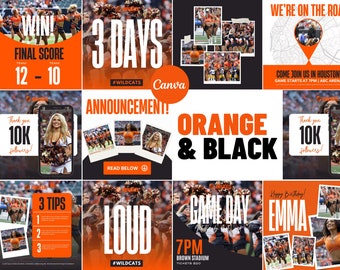 Orange & Black Athletic Sports Instagram Posts | Canva Instagram Template for Sports | College, High School Team | Cheer, Dance, Gameday