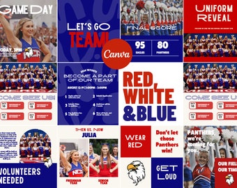 Red White & Blue Social Media Canva Templates | 16 Square Posts | Sports Team Game Day Graphics for Instagram