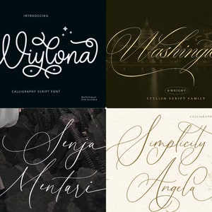 May include: A digital display featuring four distinct calligraphy script fonts. The top left shows Wylona, top right Washington, bottom left Senja Mentari, and bottom right Simplicity Angela. Each font is presented with its name in a flowing, cursive style.
