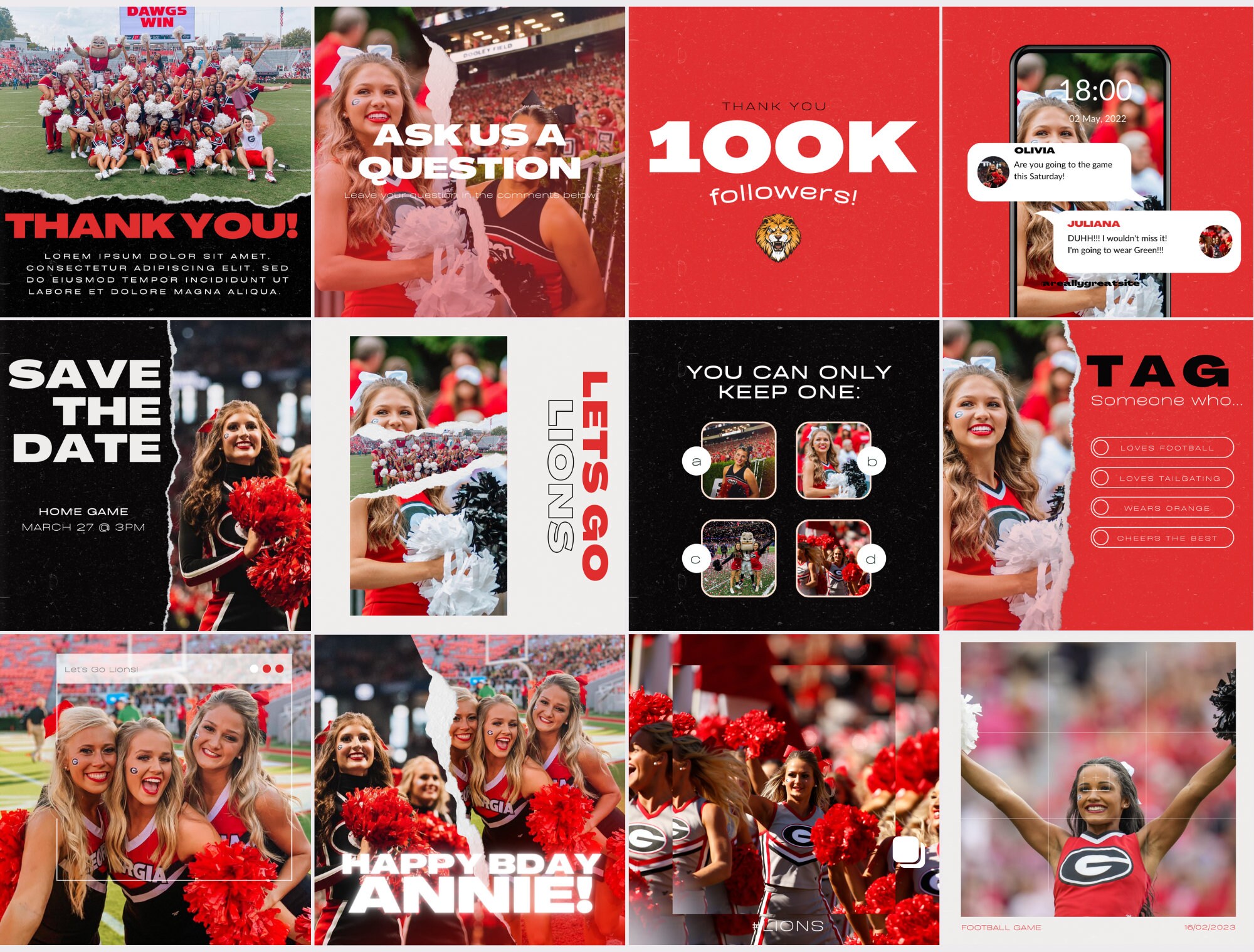 Red, Black & White Sports Team Instagram Kit Social Media Posts Canva