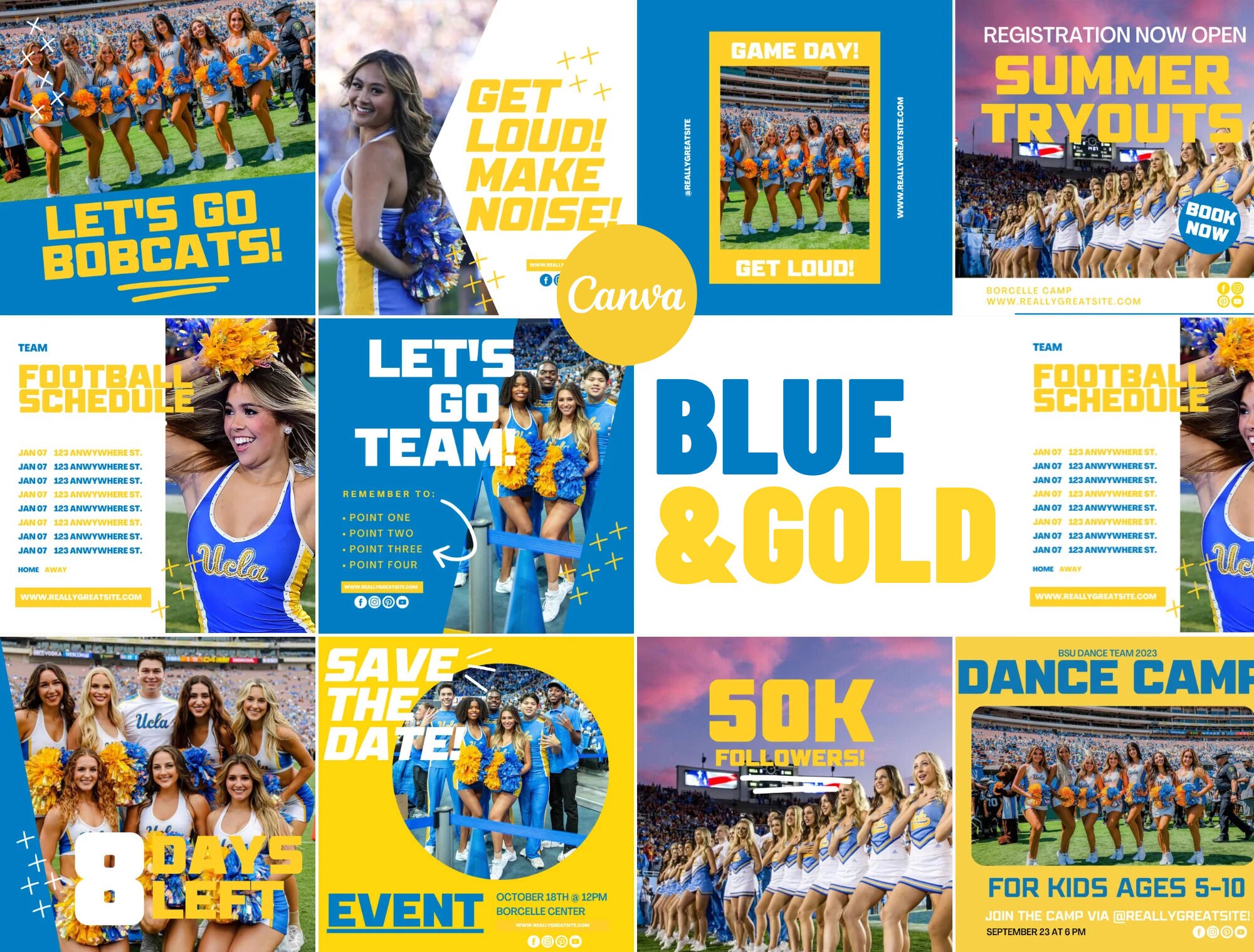 Blue & Gold Instagram Post Template for Sports Teams, Cheer, Dance | Canva Template ( Digital Download)