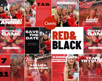 Red, Black & White Social Media Canva Templates | 24 Square Posts | Sports Team Game Day Graphics for Instagram