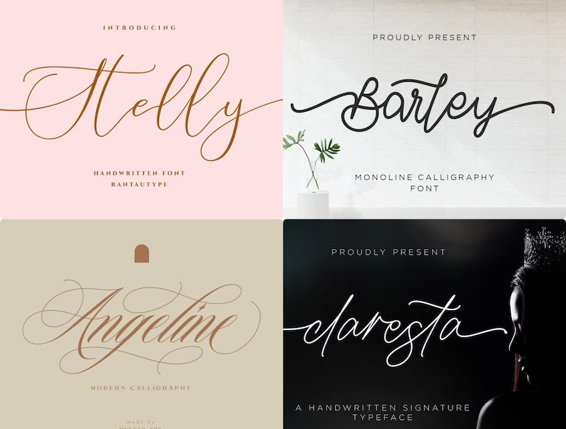 May include: A digital display featuring four distinct calligraphy font styles. The top left shows 'Helly' in brown on pink. The top right shows 'Bartley' in black on white. The bottom left shows 'Angeline' in brown on beige. The bottom right shows 'claresta' in white on black.