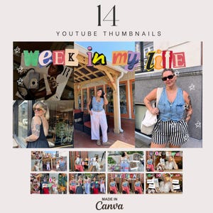 May include: A collage of 14 YouTube thumbnails featuring the text "Week in my life" in colorful letters. The thumbnails show a variety of scenes, including a woman in a denim vest and striped shorts, a woman in a white dress, and a woman in a black dress. The thumbnails also feature various text overlays, including "Vlog", "My Activities", and "Behind the Scenes".