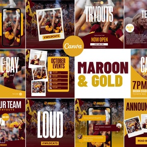 May include: A collage of images promoting a school's sports team, the Wildcats. The images feature cheerleaders, game day announcements, and team tryouts. The school colors are maroon and gold. The text includes "Game Day", "Tryouts", "Join Our Team", "October Events", and "#Wildcats".