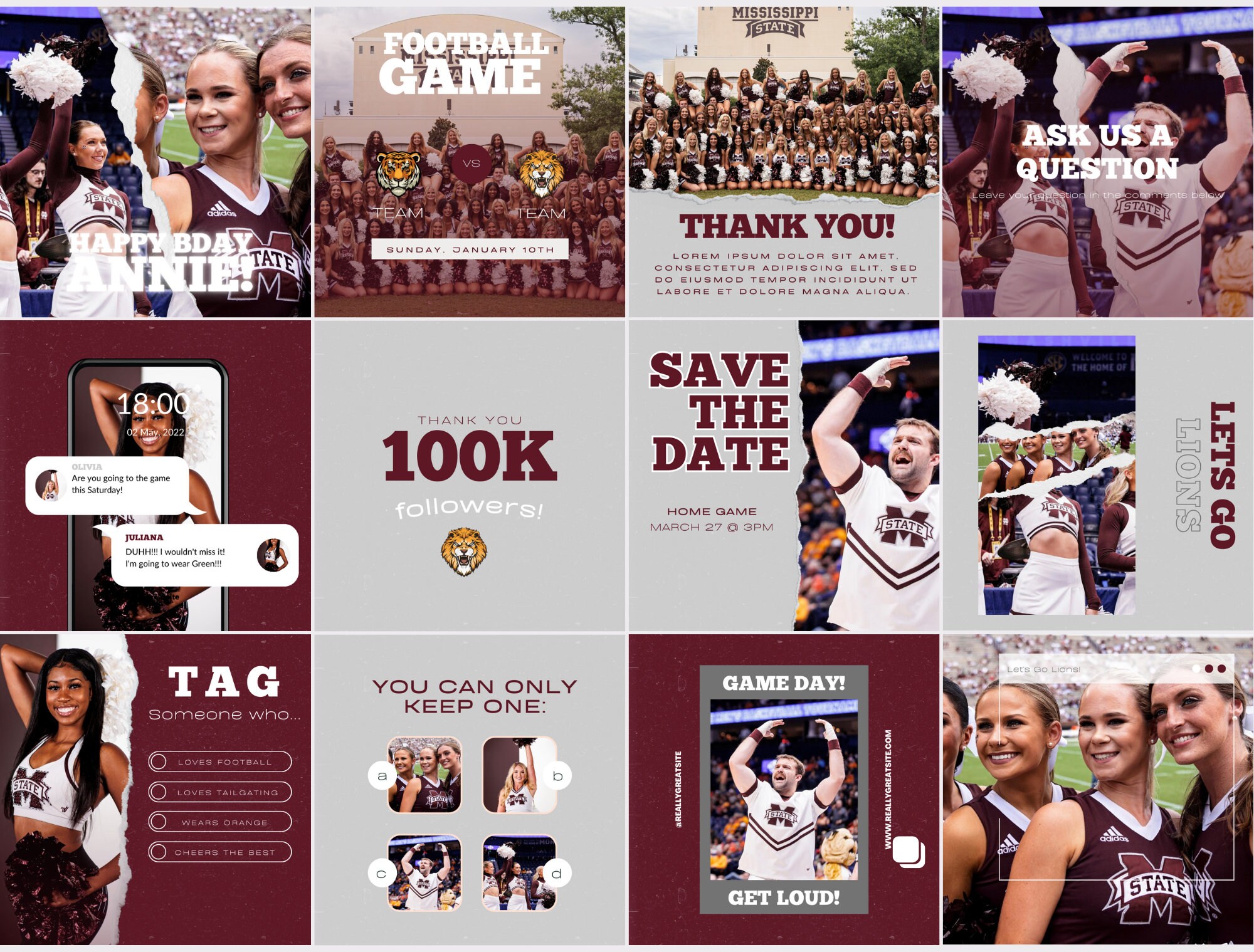 Maroon & Gray Social Media Canva Templates | 27 Square Posts | Sports ...