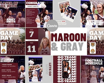 Maroon & Gray Social Media Canva Templates | 27 Square Posts | Sports Team Game Day Graphics for Instagram