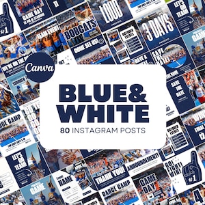 May include: A collage of 80 Instagram post templates in blue and white with text that says "Blue & White 80 Instagram Posts". The templates feature images of cheerleaders, football players, and other sports-related imagery. The text on the templates includes phrases like "Game Day", "Let's Go Team", and "Come See Us".