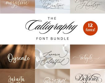 May include: A digital graphic display of a calligraphy font bundle featuring 12 distinct script typefaces. The text includes the words The Calligraphy FONT BUNDLE and names such as morpline, Scarletta Boutique, Brightera Himalaye, Oyscake, Lunaria Celestial, richgole, Jakarta Brittany, Restrike, and Delphia Village.