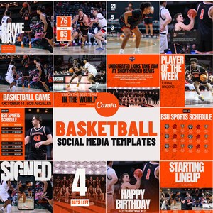 May include: A collage of nine orange and black basketball social media templates. The templates feature basketball players, game day information, and team logos. The text on the templates includes "Game Day", "Basketball Game", "Player of the Week", "Starting Lineup", "Happy Birthday", and "4 Days Left".