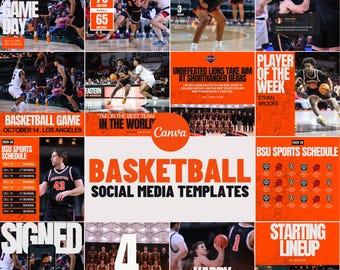 Orange & Black Sports Social Media Canva Templates | 14 Square Posts | Basketball Team Game Day Graphics for Instagram