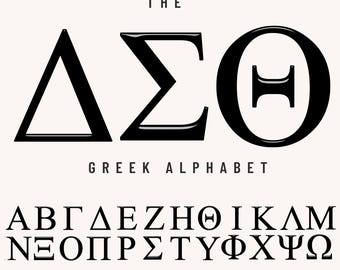 May include: The Greek alphabet in black, with the letters Delta, Sigma, and Theta highlighted in a larger size. The letters are in a bold, sans-serif font.