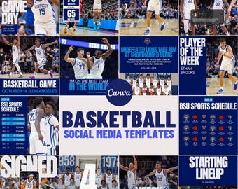 Blue & White Sports Social Media Canva Templates | 14 Square Posts | Basketball Team Game Day Graphics for Instagram