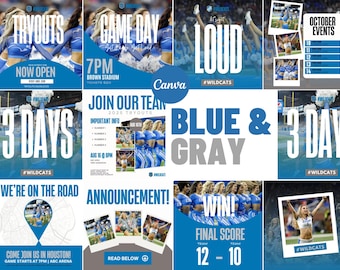 Blue & Gray Social Media Canva Templates | 22 Square Posts | Sports Team Game Day Graphics for Instagram