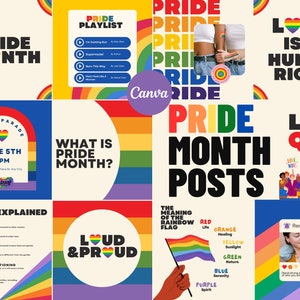 May include: A collage of colourful images celebrating Pride Month. The images include a rainbow flag, a pride parade poster, a playlist of music, and a message that says "Love is a human right".
