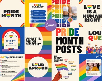 Pride Month Social Media Canva Vorlagen | 15 quadratische Beiträge | Regenbogen LGBT Grafiken für Instagram