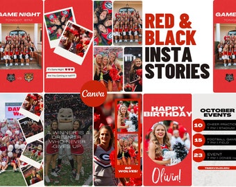 Red, Black & White Social Media Canva Templates | 20 Vertical Stories | Sports Team Game Day Graphics for Instagram