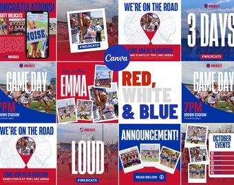 Red White & Blue Social Media Canva Templates | 22 Square Posts | Sports Team Game Day Graphics for Instagram