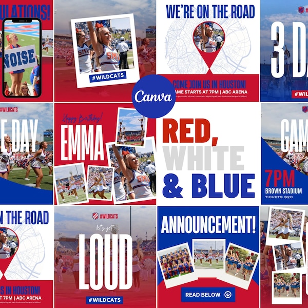 Red White & Blue Athletic Sports Instagram Posts | Canva Instagram Template for Sports | College, High School Team | Cheer, Dance, Gameday