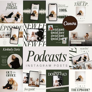May include: A collage of Instagram posts promoting a podcast. The posts feature photos of the podcast hosts, text about the podcast, and calls to action to listen to the podcast. The posts are designed in a modern, minimalist style with a green and white colour scheme.