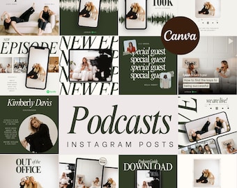 Green and Beige Podcasting Instagram Posts  | 17 Square Posts | Canva Template for Content creators,  Podcast Hosts or producers