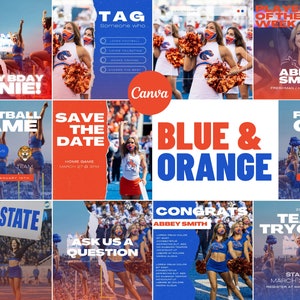 Puede incluir: Un collage de im&aacute;genes que promocionan un partido de f&uacute;tbol americano universitario. Las im&aacute;genes muestran animadoras con uniformes azules y naranjas, un campo de f&uacute;tbol y texto que dice "Football Game", "Save the Date", "Blue & Orange", "Team Tryouts" y "Congrats Abbey Smith".