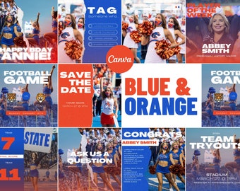 Blue & Orange Social Media Canva Templates | 24 Square Posts | Sports Team Game Day Graphics for Instagram