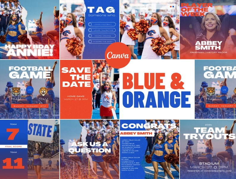Puede incluir: Un collage de im&aacute;genes que promocionan un partido de f&uacute;tbol americano universitario. Las im&aacute;genes muestran animadoras con uniformes azules y naranjas, un campo de f&uacute;tbol y texto que dice "Football Game", "Save the Date", "Blue & Orange", "Team Tryouts" y "Congrats Abbey Smith".