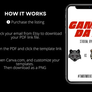 Puede incluir: La pantalla de un tel&eacute;fono inteligente que muestra un gr&aacute;fico de d&iacute;a de juego con el texto "GAME DAY" en rojo, "STADIUM, 8PM" en negro y "#TIMBERWOLVES" en negro. El gr&aacute;fico tambi&eacute;n presenta un lobo y un tigre mascota.
