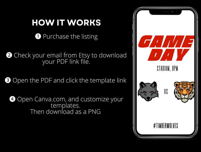 Puede incluir: La pantalla de un tel&eacute;fono inteligente que muestra un gr&aacute;fico de d&iacute;a de juego con el texto "GAME DAY" en rojo, "STADIUM, 8PM" en negro y "#TIMBERWOLVES" en negro. El gr&aacute;fico tambi&eacute;n presenta un lobo y un tigre mascota.