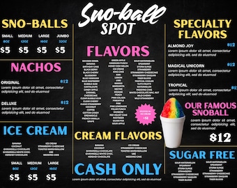 Plantilla de menú de bolas de nieve de Canva (editable e imprimible) para conos de nieve, raspados y puestos de comida.