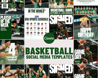 Green & White Sports Social Media Canva Templates | 14 Square Posts | Basketball Team Game Day Graphics for Instagram