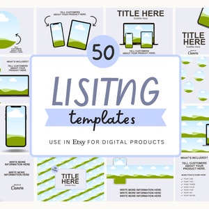 May include: A digital product template set for Etsy listings. The image features a collection of 50 templates with various layouts for showcasing digital products. The templates include mockups for phones, tablets, and laptops, with space for product details.