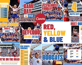 Red, Yellow, & Blue Social Media Canva Templates | 23 Square Posts | Sports Team Game Day Graphics for Instagram