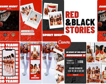 Red, Black & White Social Media Canva Templates | 20 Vertical Stories | Sports Team Game Day Graphics for Instagram